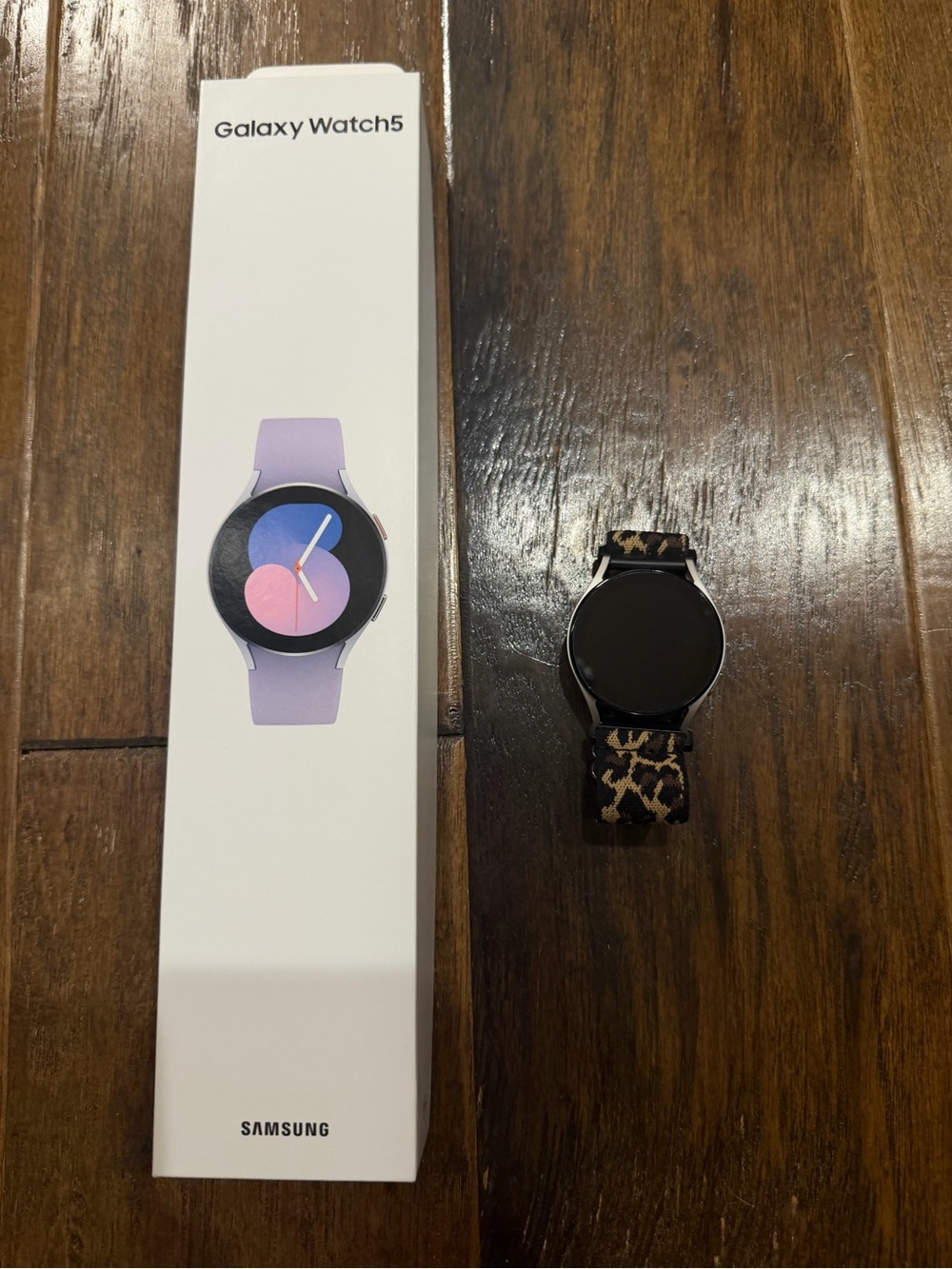 Samsung Galaxy Watch5 with Black Case and Leopard Print Band
